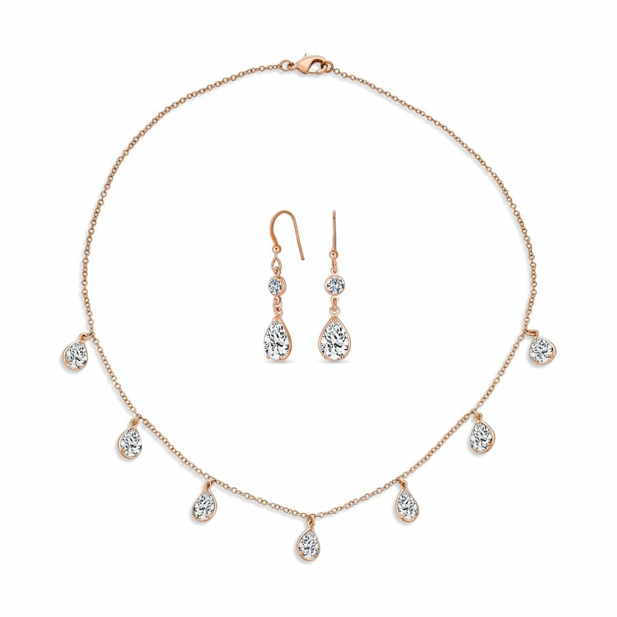 Shop Women Bling Jewelry Jewelry Sets | Multi Tear Drops Rose Gold Plated Brass Chain Cz Necklace Earrings Set