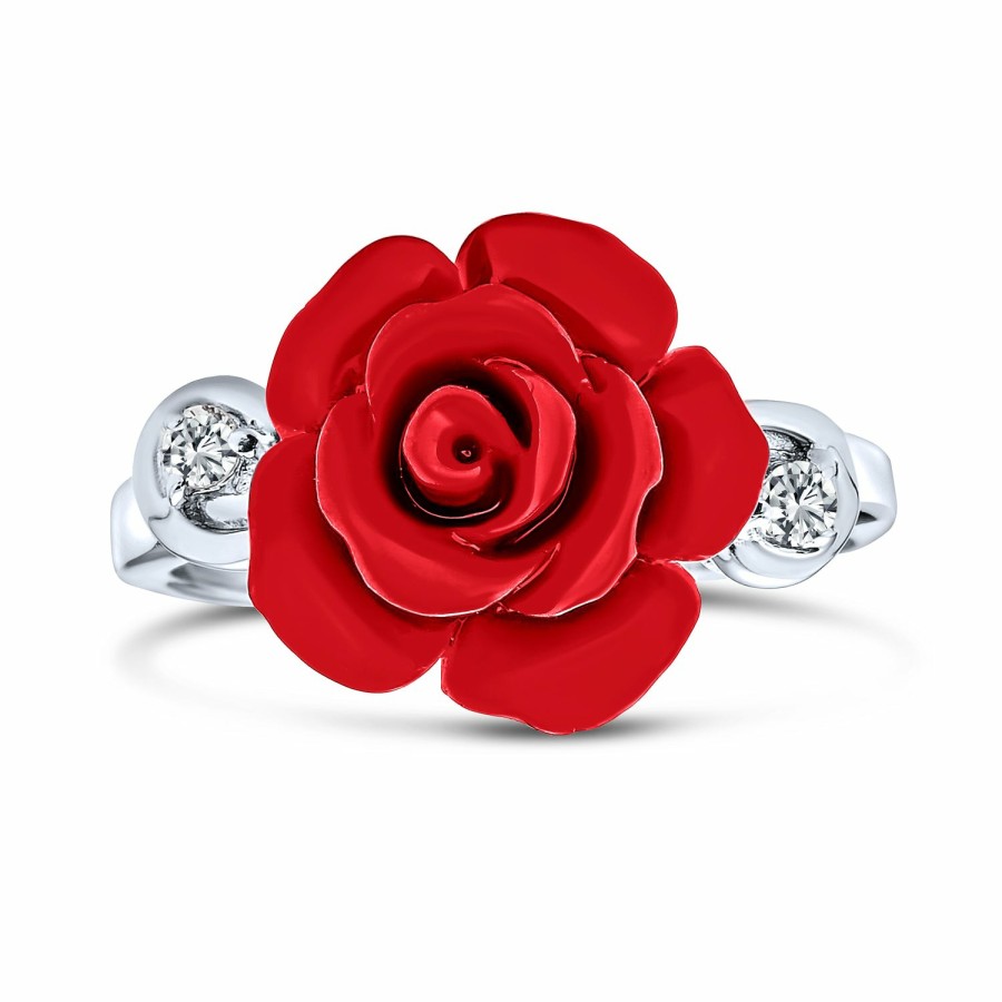 Shop Women Bling Jewelry Unique Rings | Cz Accent Flower Red Carved Rose Statement Ring .925 Sterling Silver