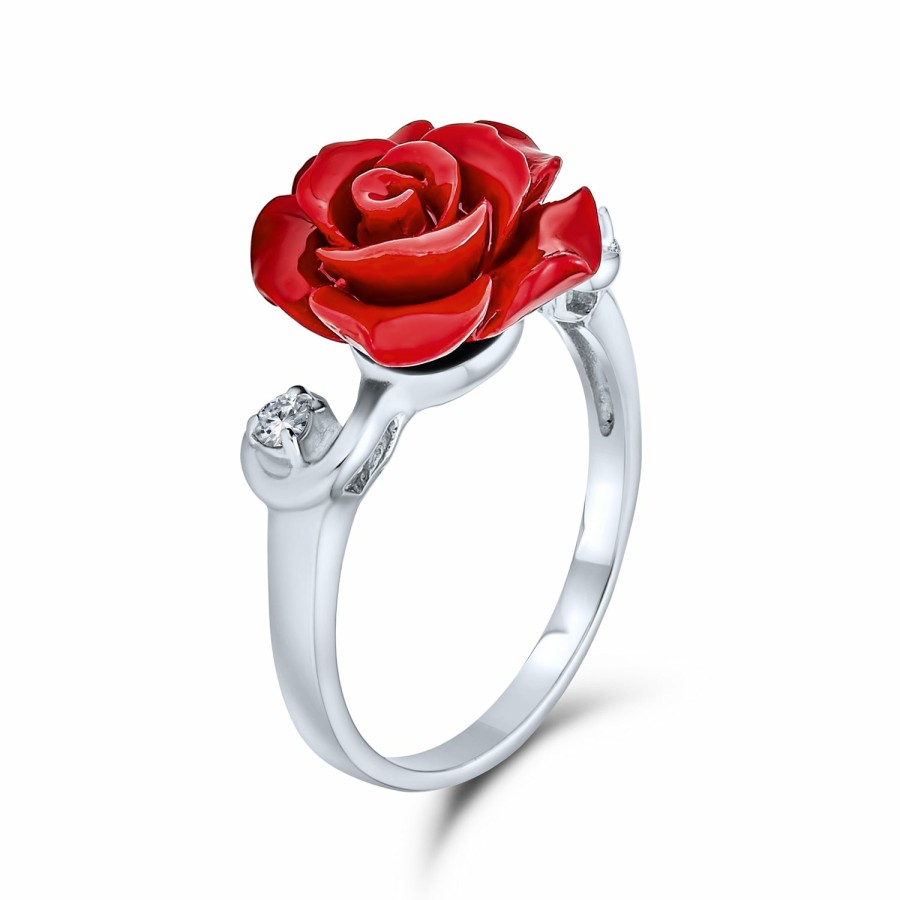 Shop Women Bling Jewelry Unique Rings | Cz Accent Flower Red Carved Rose Statement Ring .925 Sterling Silver