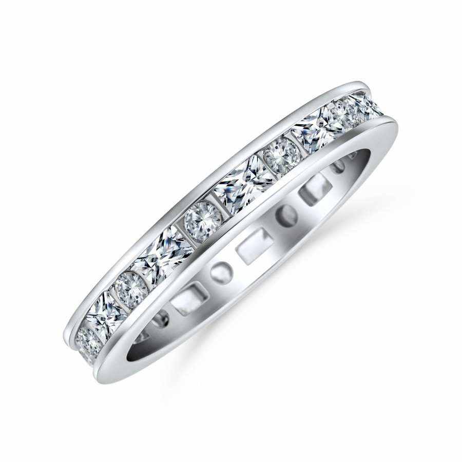 Shop Women Bling Jewelry Stacking Eternity Rings | Thin Pave Baguette Eternity Wedding Band Ring .925 Sterling Silver 2Mm