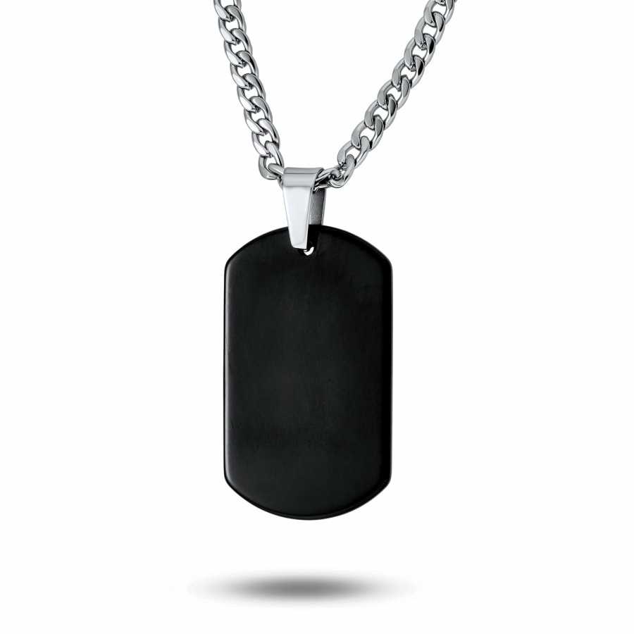 Shop Men Bling Jewelry Mens Engravable Necklaces | Mens Black Titanium Dog Tag Pendant Necklace Stainless Steel Cahin