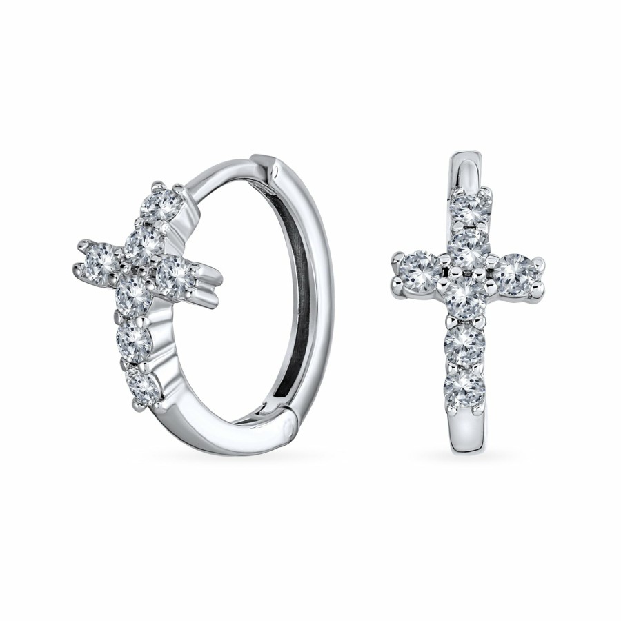 Shop Women Bling Jewelry Hoops Huggies Earrings | Small Religious Pave Cz Cross Small Hoop Earrings Plated