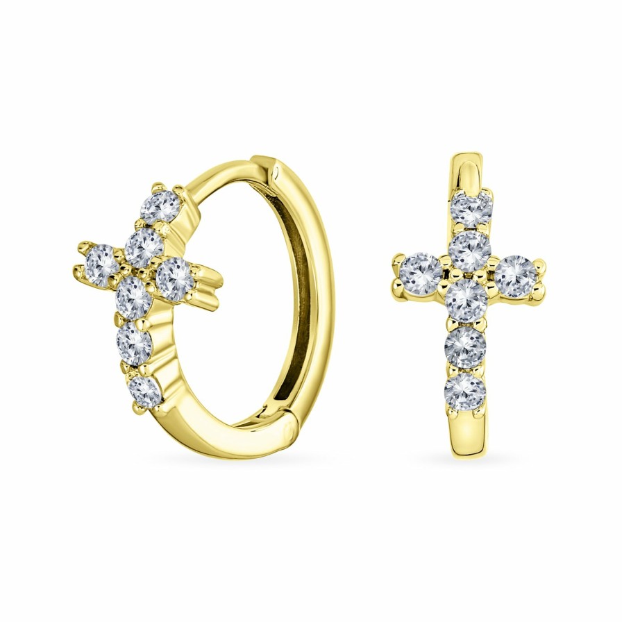 Shop Women Bling Jewelry Hoops Huggies Earrings | Small Religious Pave Cz Cross Small Hoop Earrings Plated