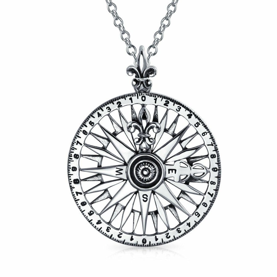 Shop Men Bling Jewelry Mens Pendants & Dog Tags | Cz Fleur De Lis Nautical Rose Compass Pendant Sterling