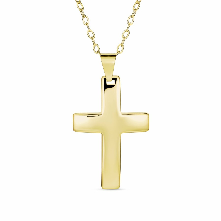 Shop Women Bling Jewelry Engravable Necklaces | Classic Plain Flat Gold Plated Cross Pendant Necklace With 18" Chain Gold-Tone