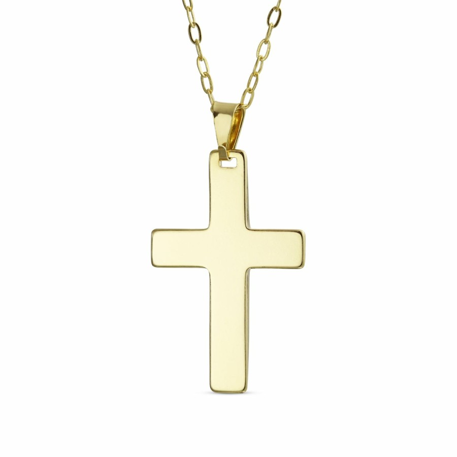 Shop Women Bling Jewelry Engravable Necklaces | Classic Plain Flat Gold Plated Cross Pendant Necklace With 18" Chain Gold-Tone