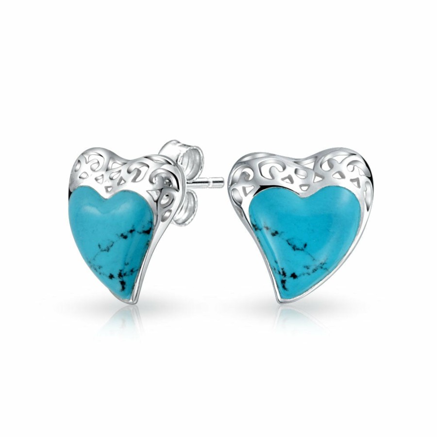 Shop Women Bling Jewelry Stud Earrings | Filigree Enhanced Turquoise Heart Stud Earrings Sterling Silver