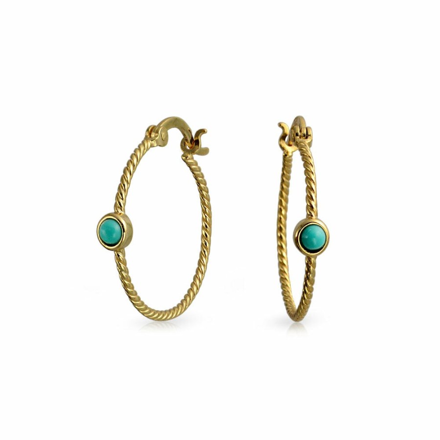 Shop Women Bling Jewelry Hoops Huggies Earrings | Cable Rope Hoop Western Earrings Turquoise Gold Plated Sterling Silver