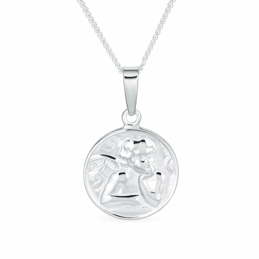 Shop Women Bling Jewelry Engravable Necklaces | Guardian Angel Medal Cherub Pendant Necklace .925Sterling Silver