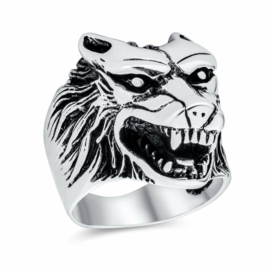 Shop Men Bling Jewelry Mens Rings | Hunter Wild Animal Mens Wolf Signet Coin Ring Oxidized .925 Sterling