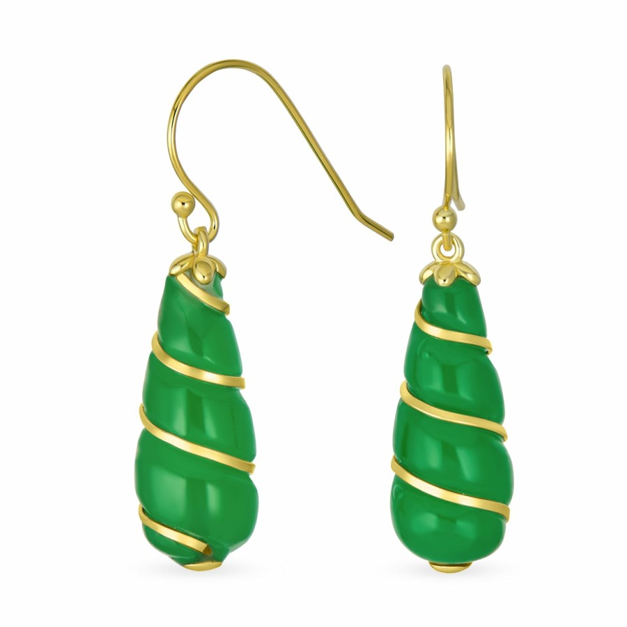 Shop Women Bling Jewelry Dangle Drop Earrings | Gemstone Green Jade Swirling Teardrop Dangle Earrings Gold Overlay