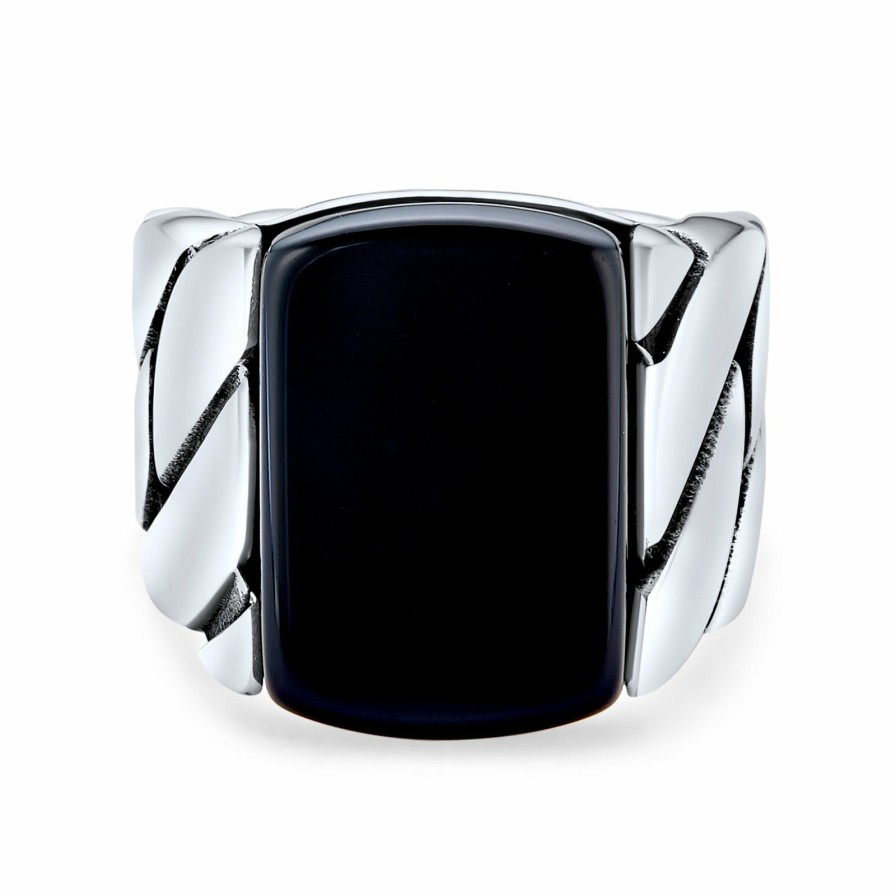 Shop Men Bling Jewelry Mens Rings | Men'S Statement Link Chain Black Onyx Rectangle Signet Ring Sterling