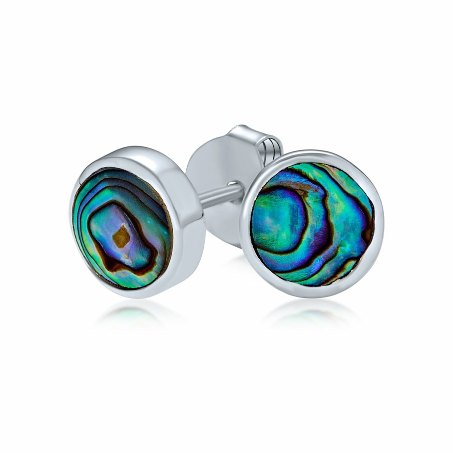 Shop Women Bling Jewelry Stud Earrings | Round Shape Bezel Set Abalone Shell Stud Earrings Sterling Silver 7Mm