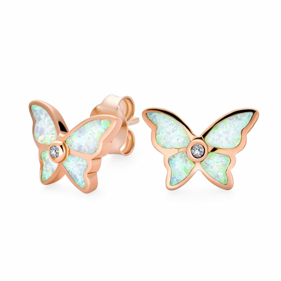 Shop Women Bling Jewelry Stud Earrings | White Created Opal Butterfly Stud Earrings Rose Gold Plated .925 Silver