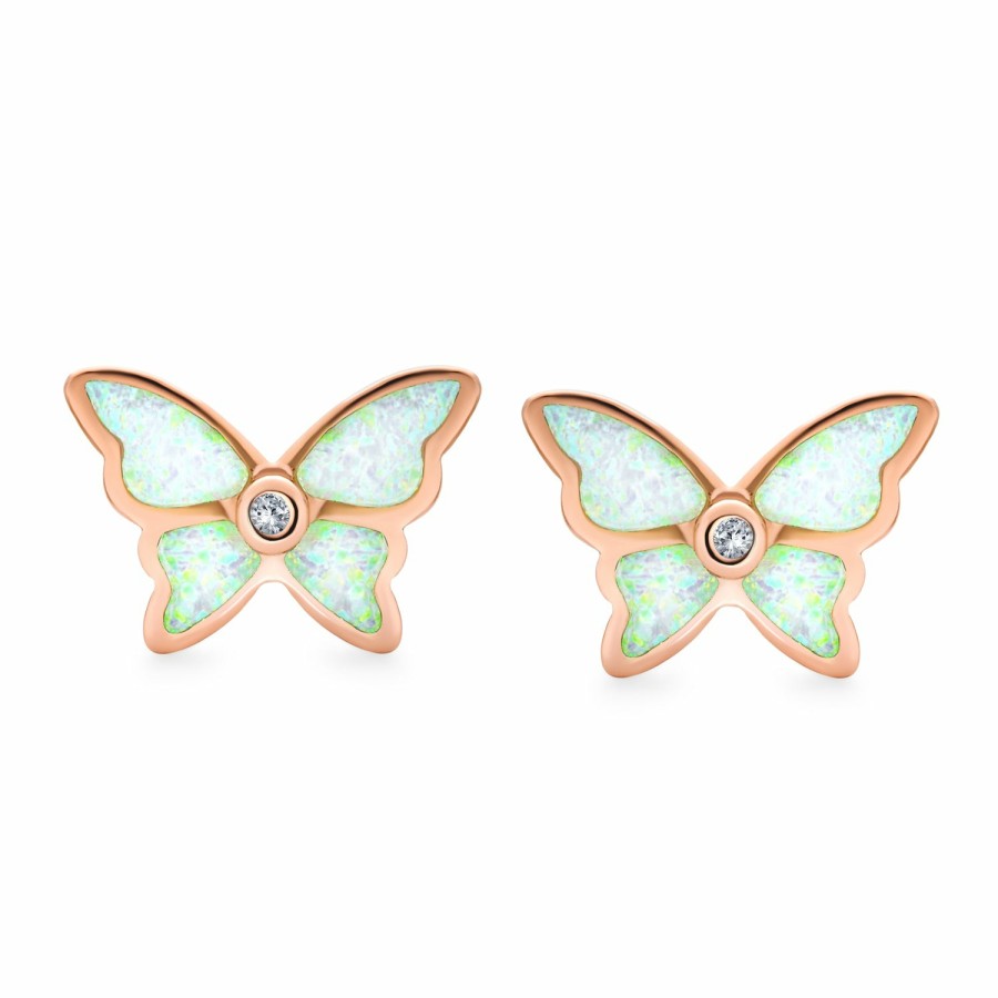 Shop Women Bling Jewelry Stud Earrings | White Created Opal Butterfly Stud Earrings Rose Gold Plated .925 Silver