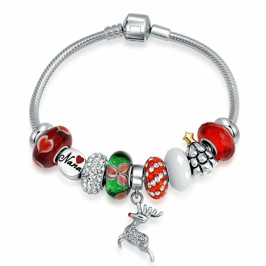 Shop Women Bling Jewelry Charm Bracelets | Fun Christmas Theme Bead Multi Charm Leather Red Bracelet .925 Silver