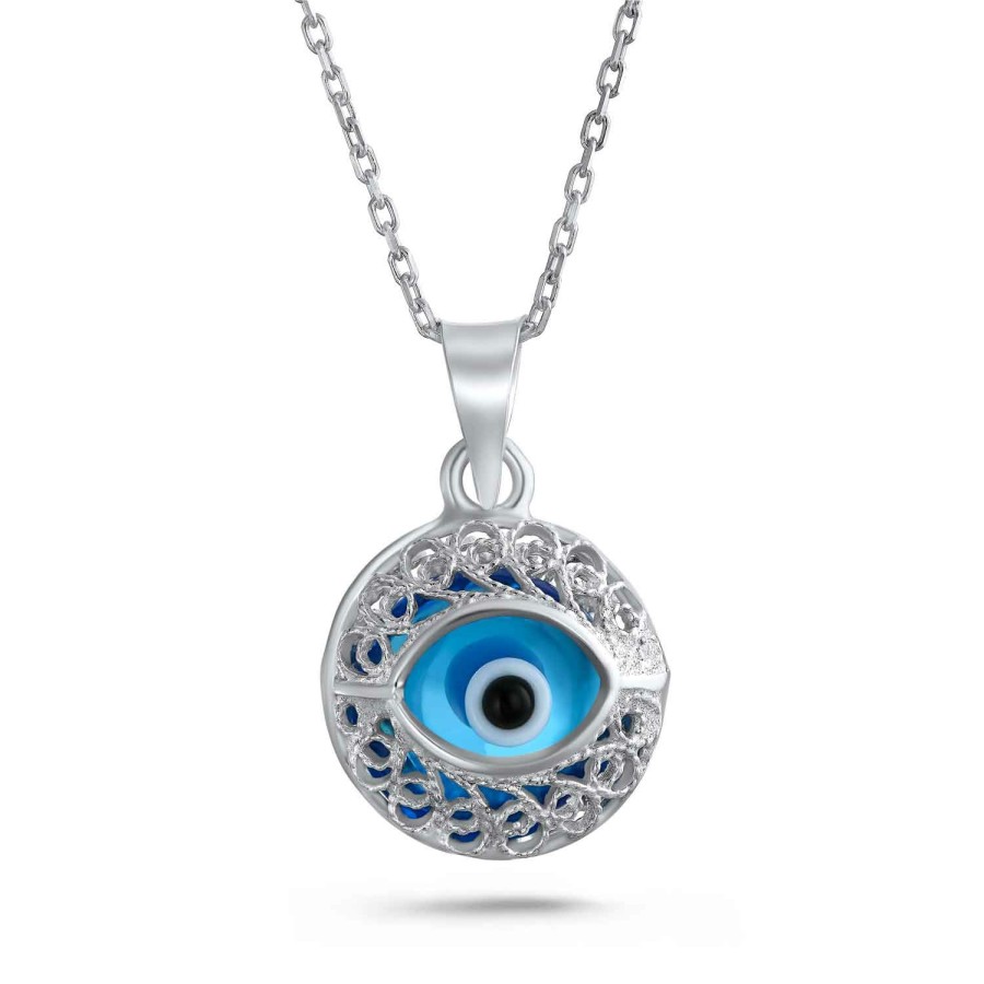 Shop Women Bling Jewelry Pendant Necklaces | Oval Round Evil Eye Filigree 925 Sterling Silver Pendant Necklace