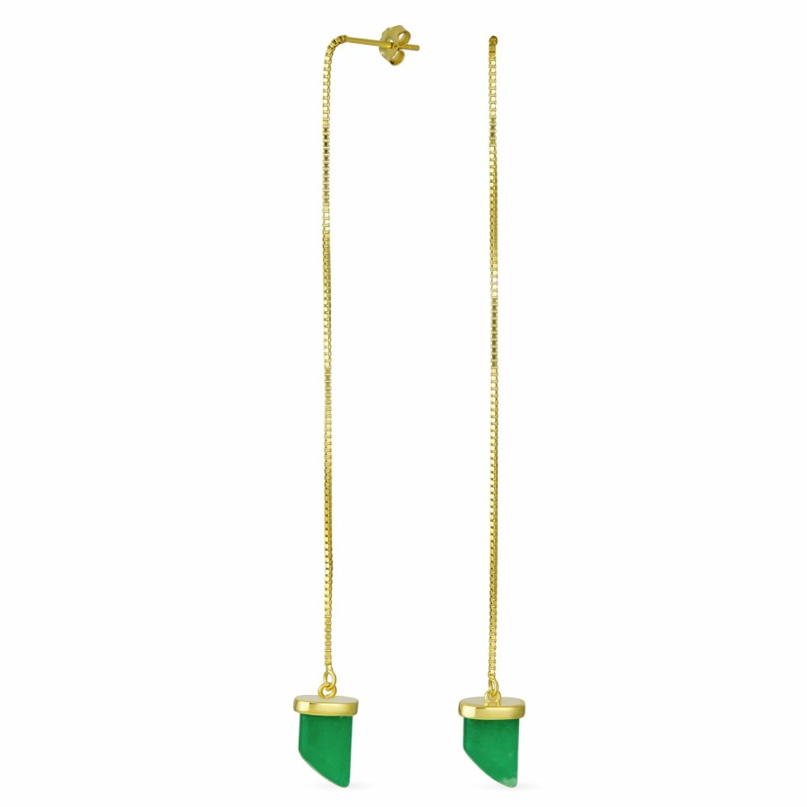 Shop Women Bling Jewelry Dangle Drop Earrings | Gemstone Green Jade Tooth Horn Chain Earrings Gold Plated .925 Silver