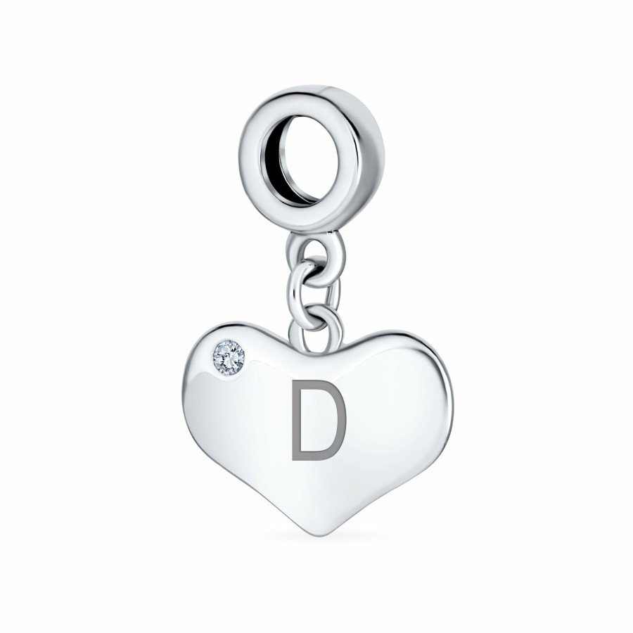 Shop Women Bling Jewelry Engravable Charms | White Clear Crystal Accent Heart Shaped Dangle Bead Charm .925 Silver