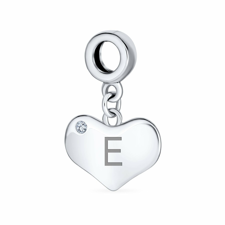 Shop Women Bling Jewelry Engravable Charms | White Clear Crystal Accent Heart Shaped Dangle Bead Charm .925 Silver