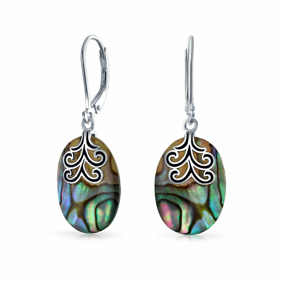 Shop Women Bling Jewelry Dangle Drop Earrings | Oval Abalone Filigree Swirl Lever Back Dangle Earrings Sterling Silver