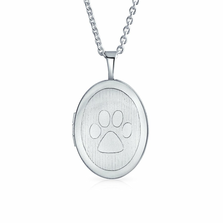 Shop Women Bling Jewelry Engravable Necklaces | Dog Paw Print Pet Jewelry Oval Locket Necklace That Holds Pictures Silver