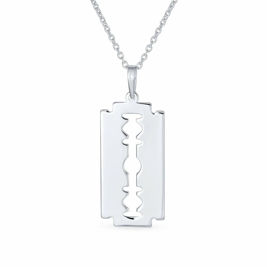 Shop Men Bling Jewelry Mens Engravable Necklaces | Urban Rocker Razor Blade Dog Tag Necklace Pendant .925Sterling Silver