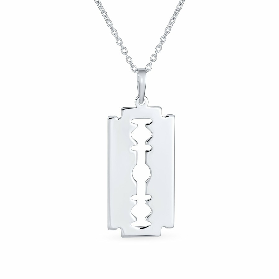 Shop Men Bling Jewelry Mens Engravable Necklaces | Urban Rocker Razor Blade Dog Tag Necklace Pendant .925Sterling Silver