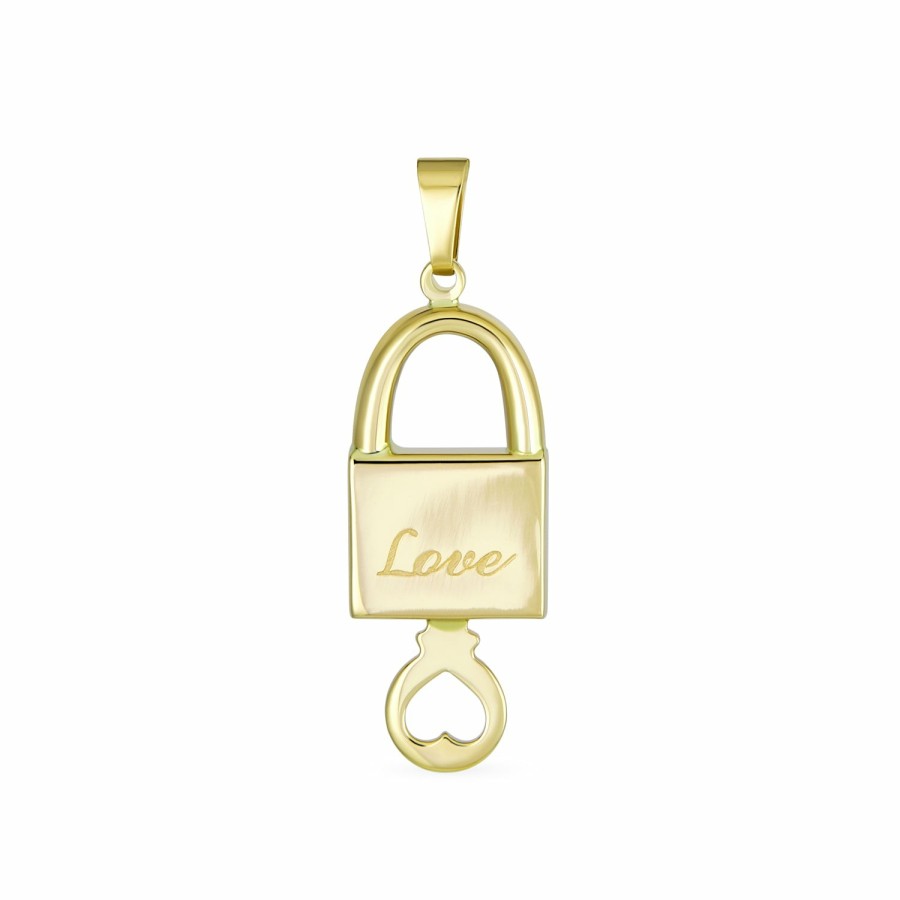 Shop Women Bling Jewelry Pendant Necklaces | Real 14K Yellow Gold "Love" Word Lock And Key Heart Pendant Necklace