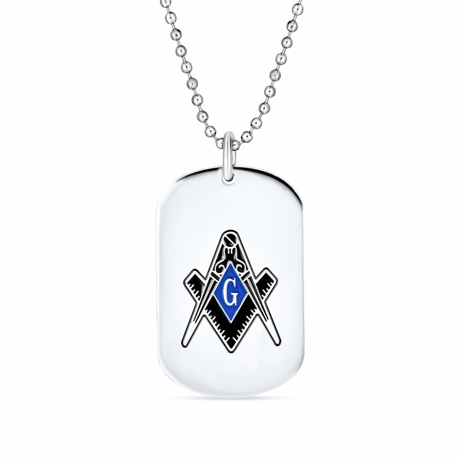 Shop Men Bling Jewelry Mens Pendants & Dog Tags | Freemasons Masonic Compass Dog Tag Black Blue Pendant Stainless Steel Silver Tone