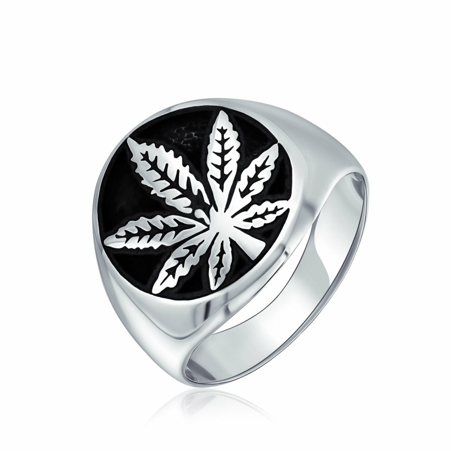 Shop Men Bling Jewelry Mens Rings | Men'S Medallion Leaf Signet Marijuana Ring 2 Tone .925Sterling Silver