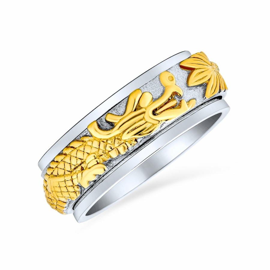 Shop Men Bling Jewelry Mens Engravable Rings | Two Tone Asian Dragon Silver Gold Titanium Wedding Band Spinner Ring Gold-Tone