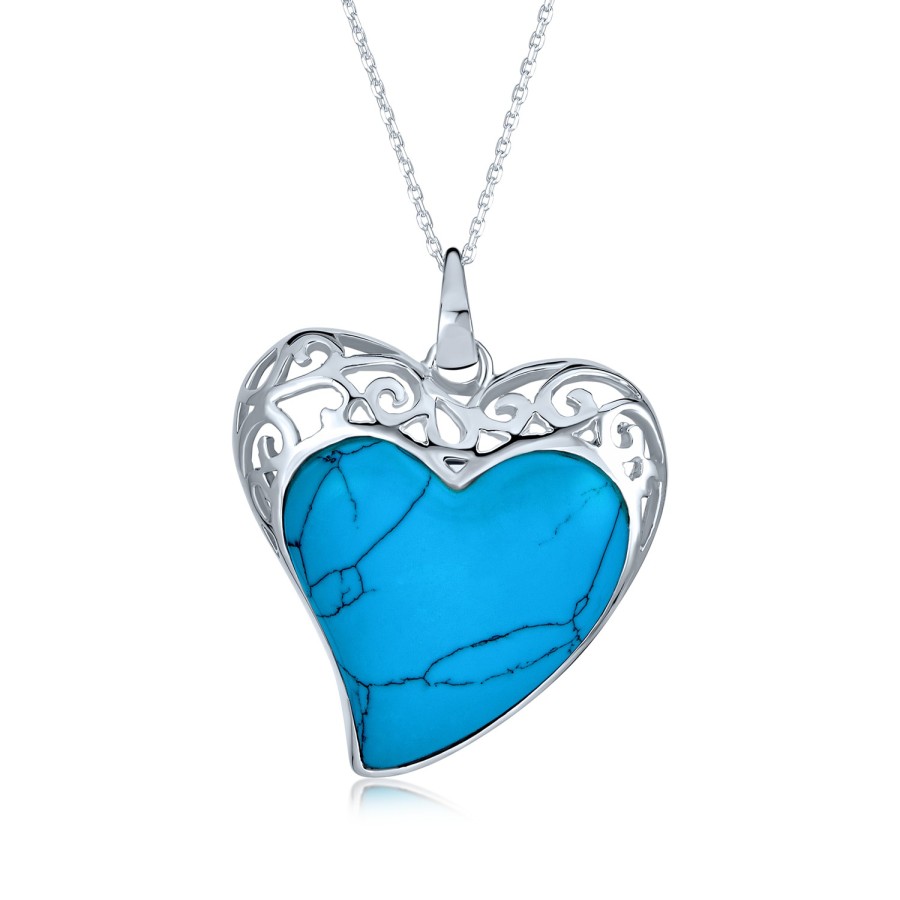 Shop Women Bling Jewelry Pendant Necklaces | Filigree Inlaid Turquoise Heart Pendant Necklace .925 Sterling Silver