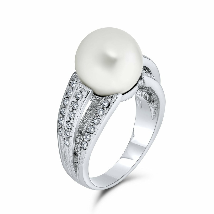 Shop Women Bling Jewelry Statement Cocktail Rings | Cz Solitaire White Imitation Pearl Ring For Prom Silver Plated Brass