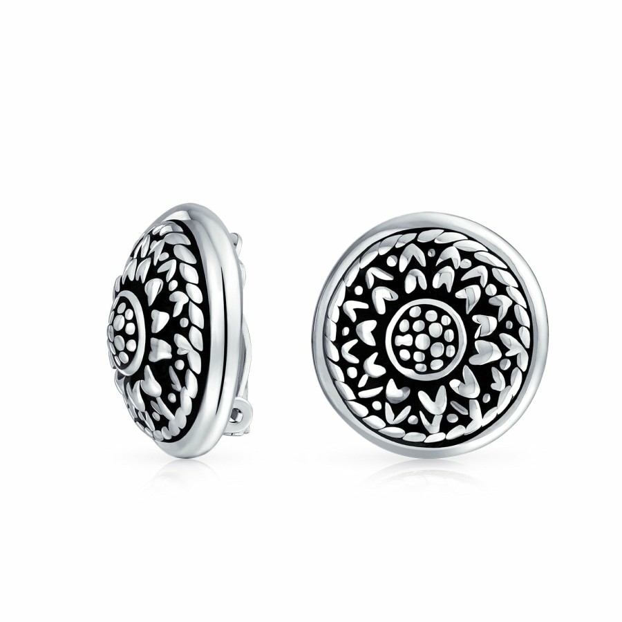 Shop Women Bling Jewelry Clip On Earrings | Lightweight Medallion Disc Flower Clip On Earrings Sterling Silver