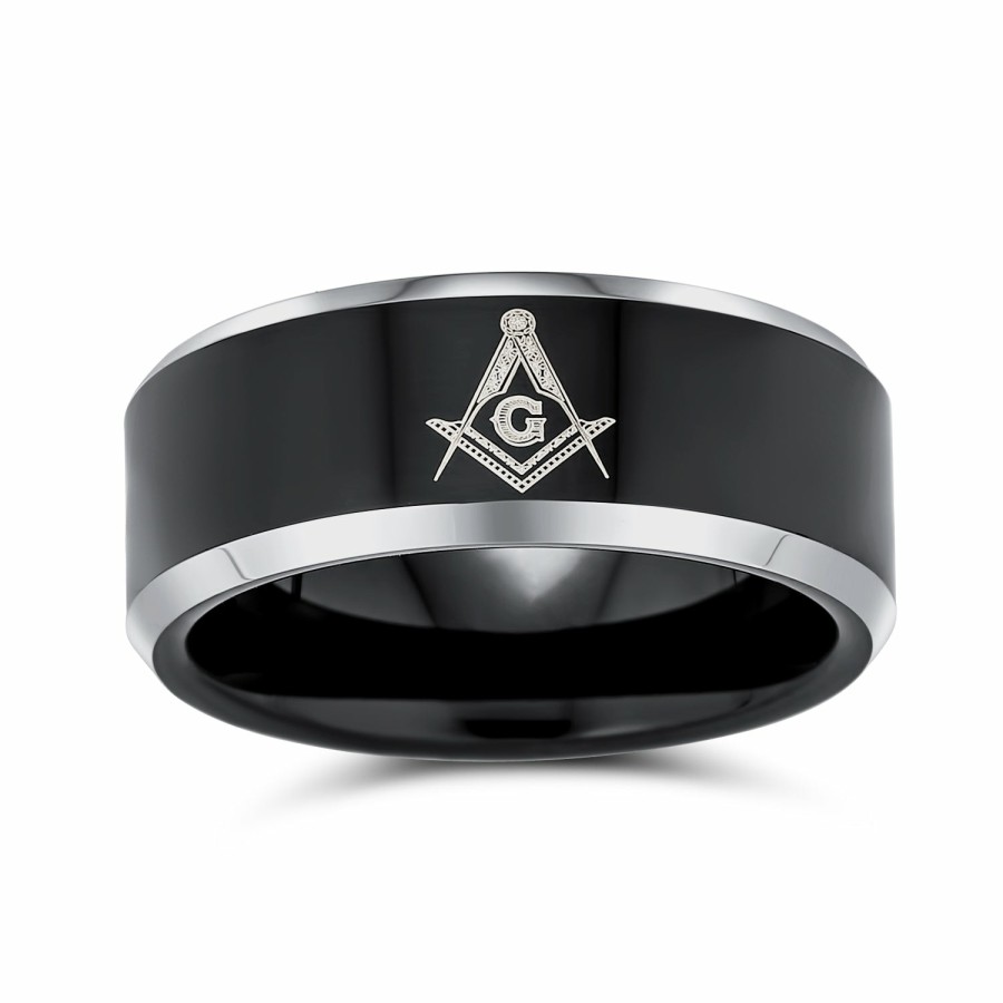 Shop Men Bling Jewelry Mens Engravable Rings | Laser Etched Freemason Masonic Compass Band Titanium Ring 8Mm Black