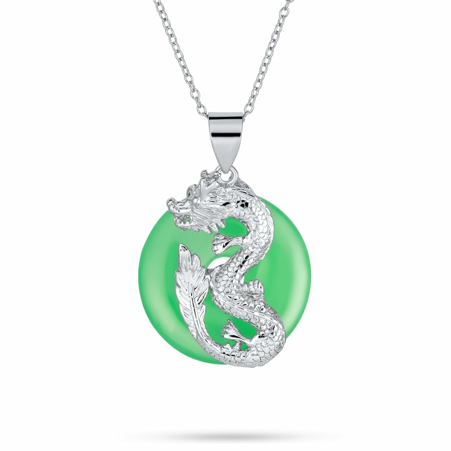 Shop Women Bling Jewelry Pendant Necklaces | Dragon Round Circle Disc Green Jade Pendant Sterling Silver Necklace