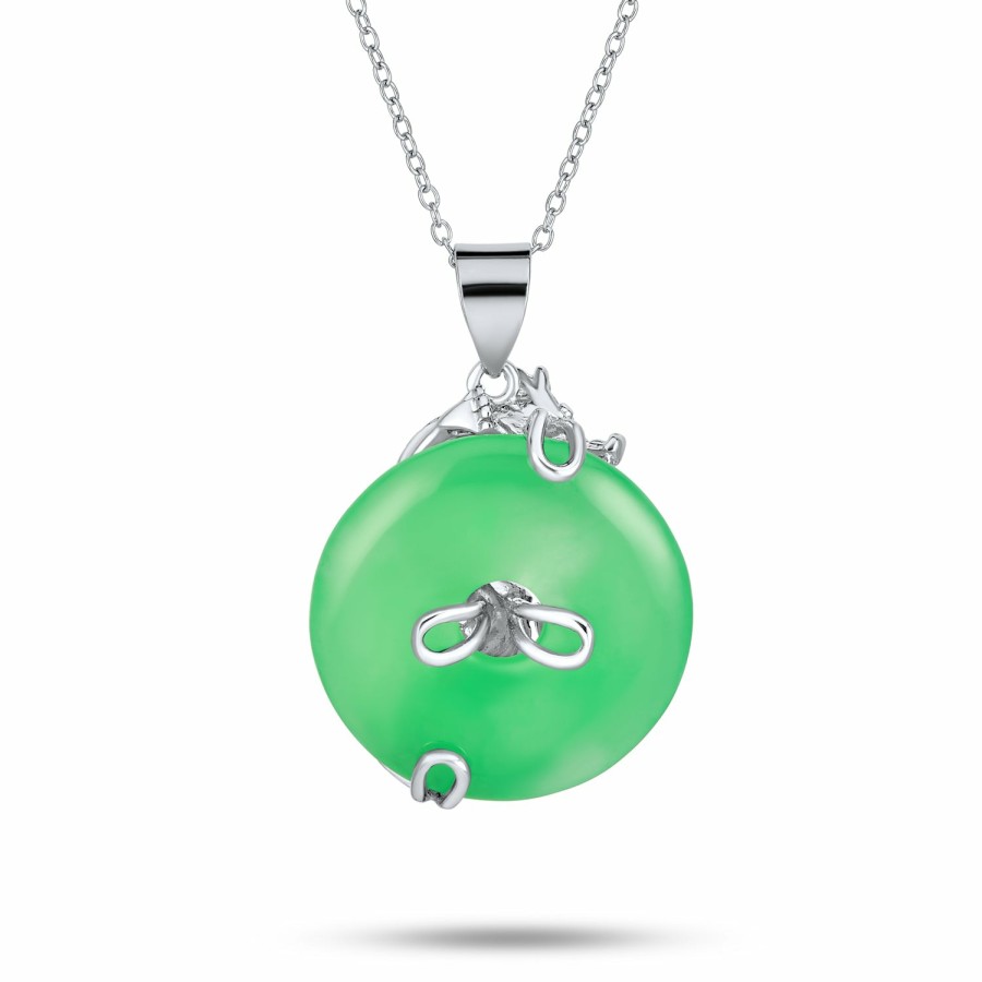 Shop Women Bling Jewelry Pendant Necklaces | Dragon Round Circle Disc Green Jade Pendant Sterling Silver Necklace