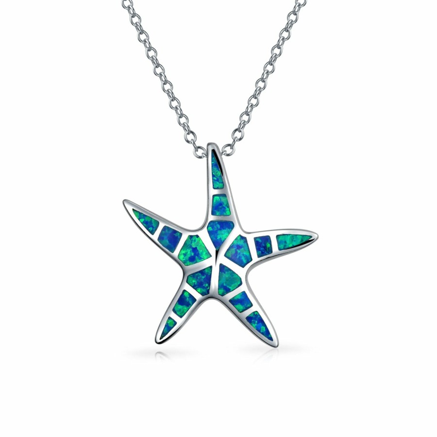 Shop Women Bling Jewelry Pendant Necklaces | Starfish Pendant Blue Created Opal Necklace .925 Sterling Silver Chain