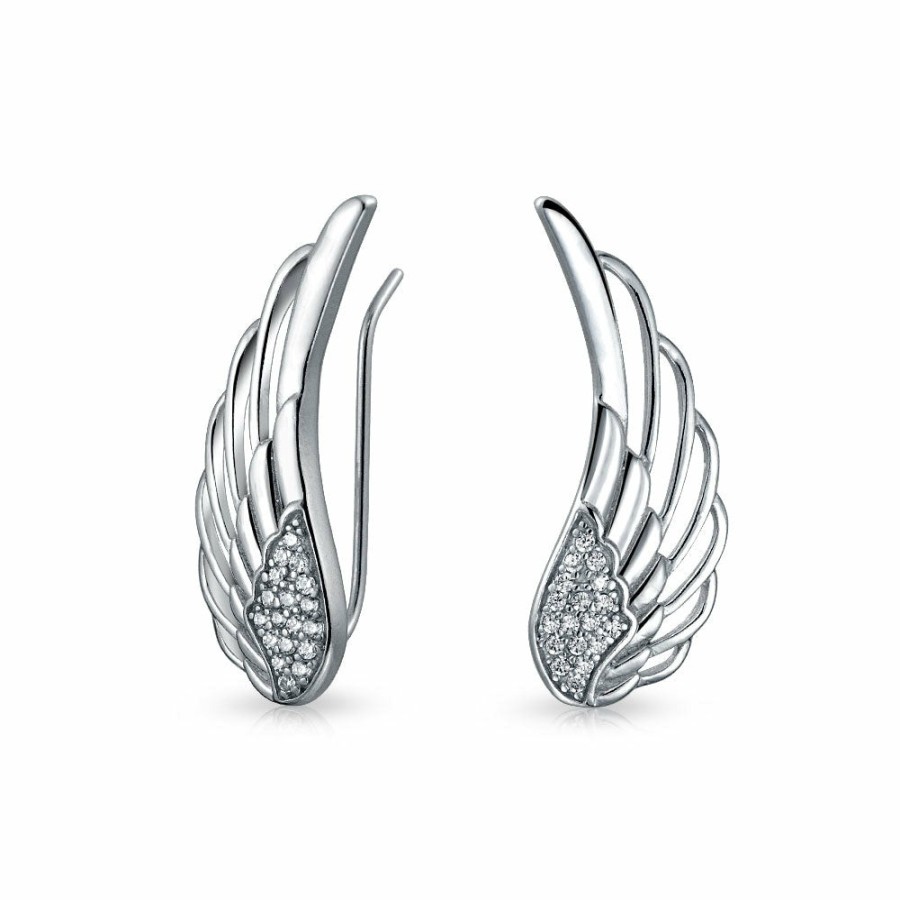 Shop Women Bling Jewelry Ear Cuffs, Cartilage Earrings | Angel Wing Feather Ear Climbers Earrings Cz Crawler Sterling Silver