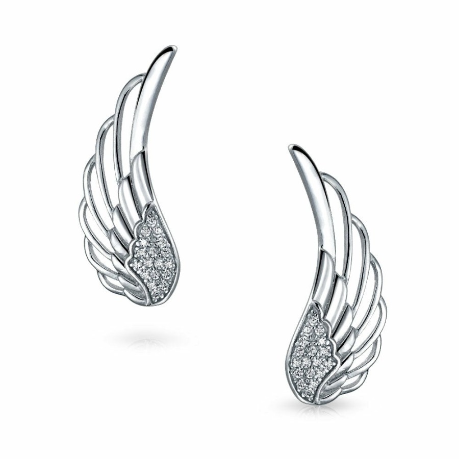 Shop Women Bling Jewelry Ear Cuffs, Cartilage Earrings | Angel Wing Feather Ear Climbers Earrings Cz Crawler Sterling Silver