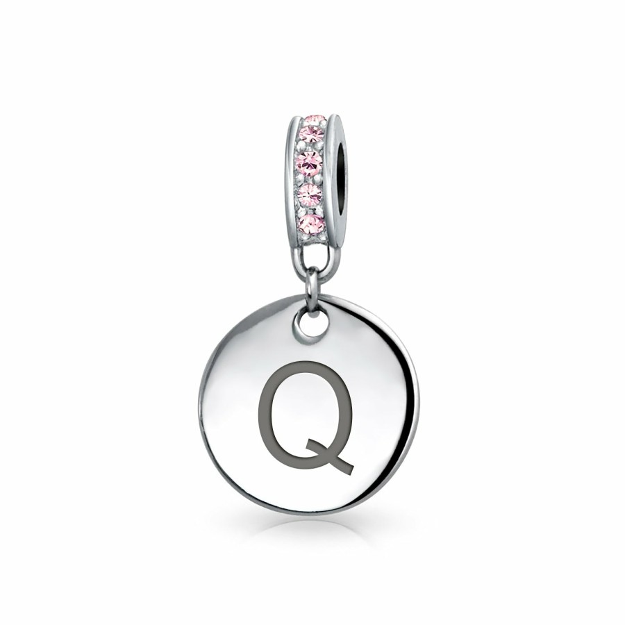 Shop Women Bling Jewelry Abc Initial | Pink Crystal Alphabet Initials Disc Dangle Circle Charm .925 Silver