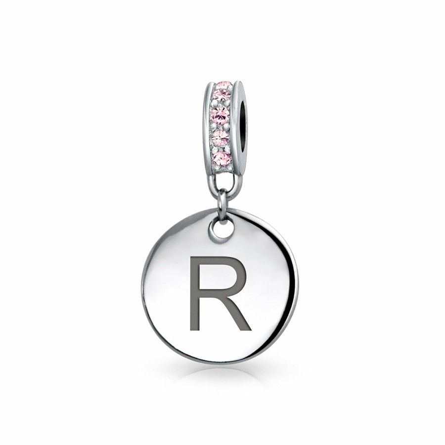 Shop Women Bling Jewelry Abc Initial | Pink Crystal Alphabet Initials Disc Dangle Circle Charm .925 Silver