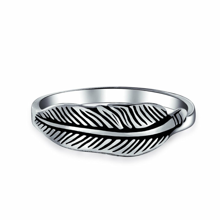 Shop Women Bling Jewelry Engravable Rings | American Western Jewelry Boho Feather Leaf Band Ring Sterling Silver