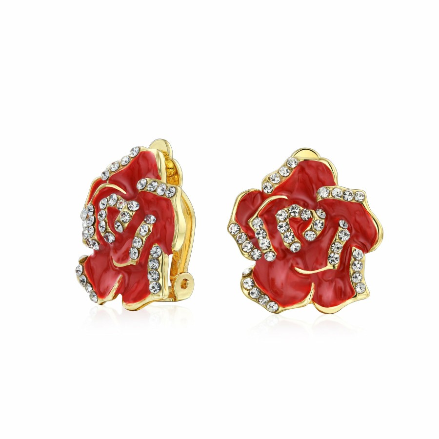 Shop Women Bling Jewelry Clip On Earrings | Or Rose Flower Crystal Edge Retro Clip On Earrings 14K Gold Plated