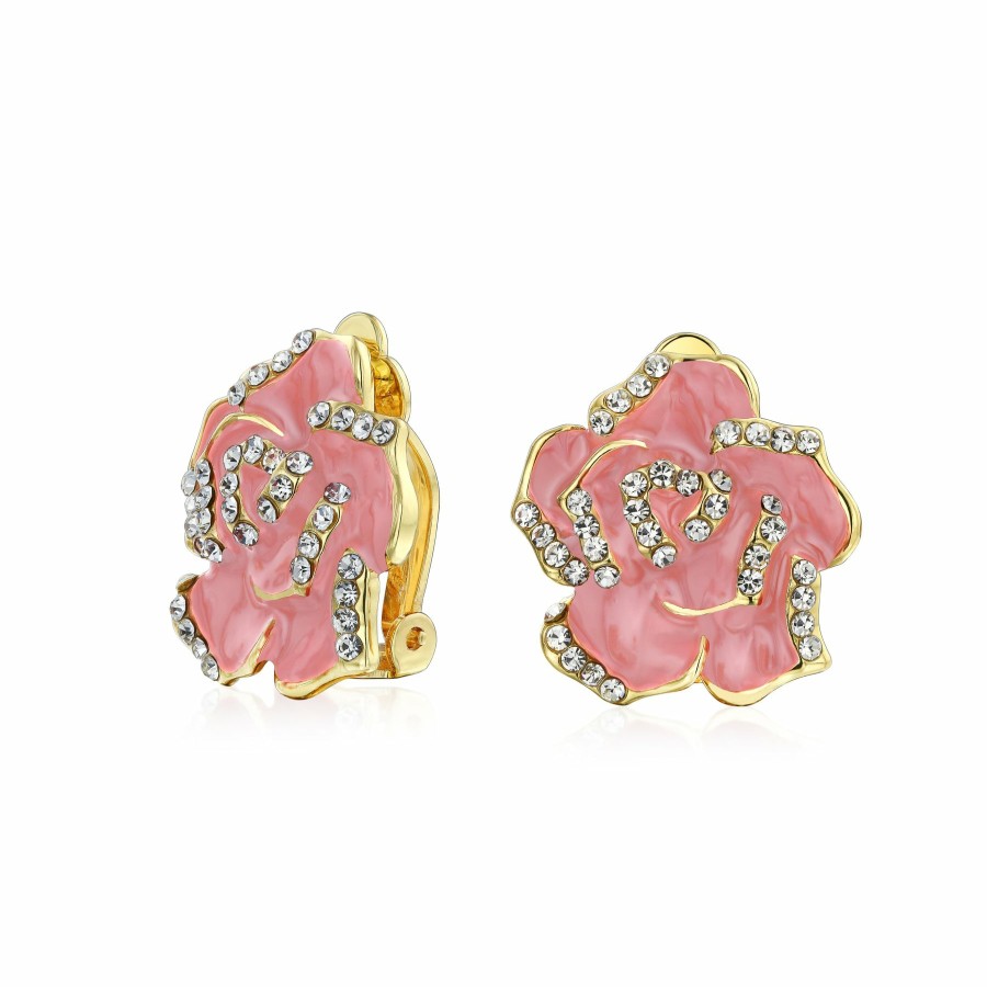 Shop Women Bling Jewelry Clip On Earrings | Or Rose Flower Crystal Edge Retro Clip On Earrings 14K Gold Plated