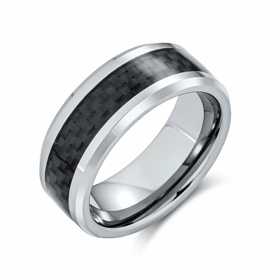 Shop Men Bling Jewelry Mens Rings | Geometric Blue Cobalt Carbon Fiber Inlay Titanium Wedding Band Rings