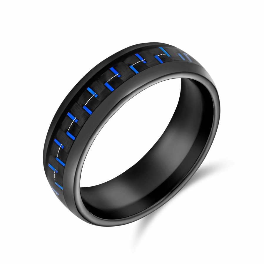 Shop Men Bling Jewelry Mens Rings | Geometric Blue Cobalt Carbon Fiber Inlay Titanium Wedding Band Rings