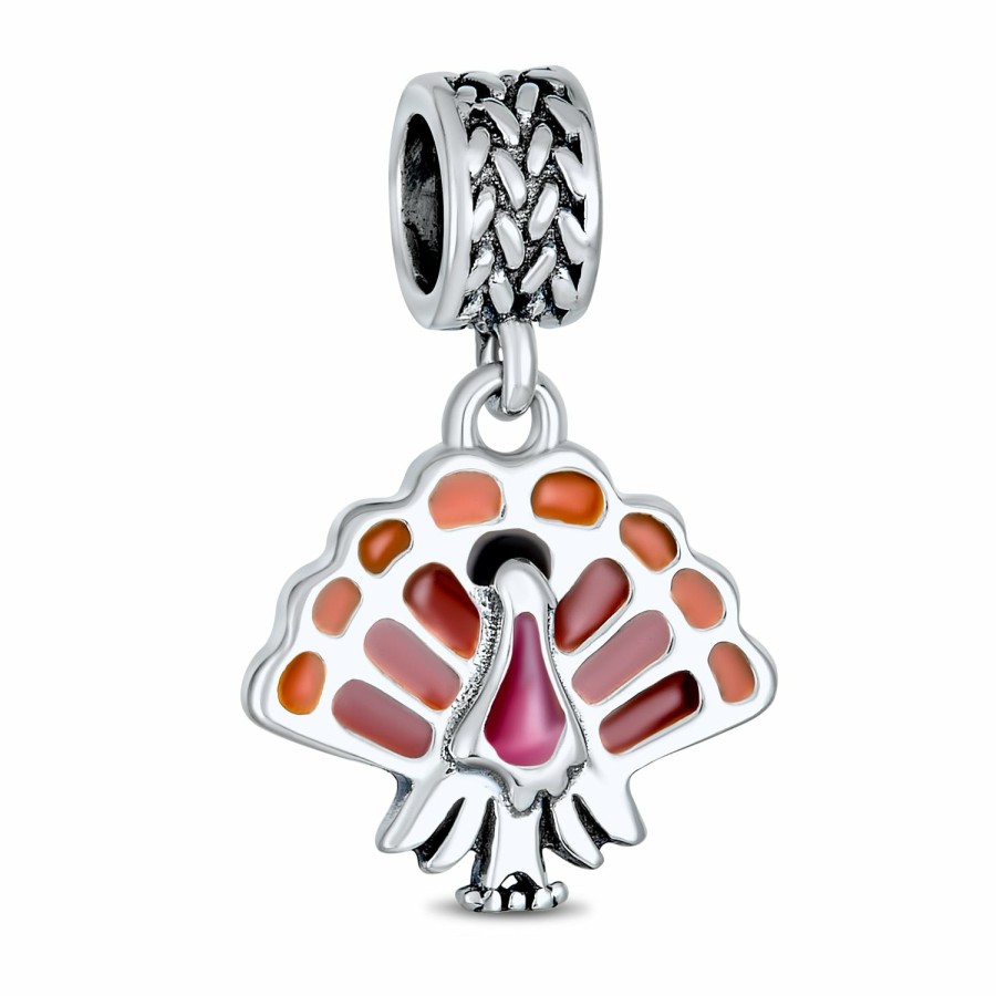 Shop Women Bling Jewelry Engravable Charms | Thanksgiving Turkey Bird Food Brown Dangle Bead Charm Sterling