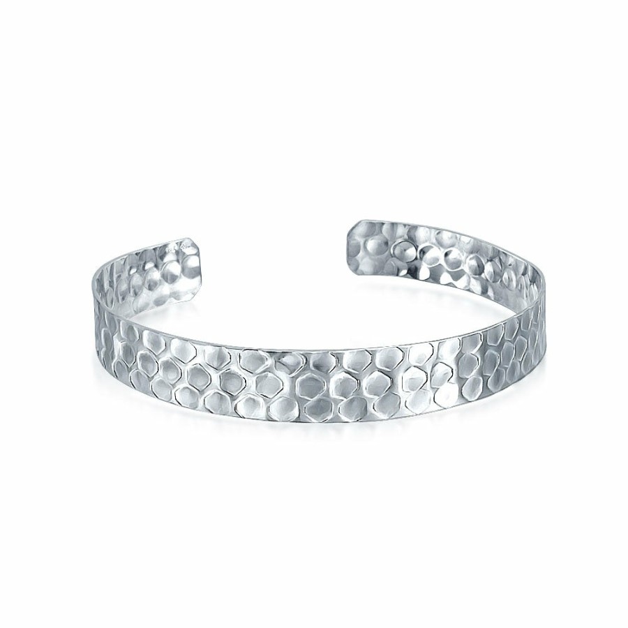 Shop Women Bling Jewelry Engravable Bracelets | Hammered Matte Flat Honeycomb Bangle Cuff Bracelet .925 Sterling Silver